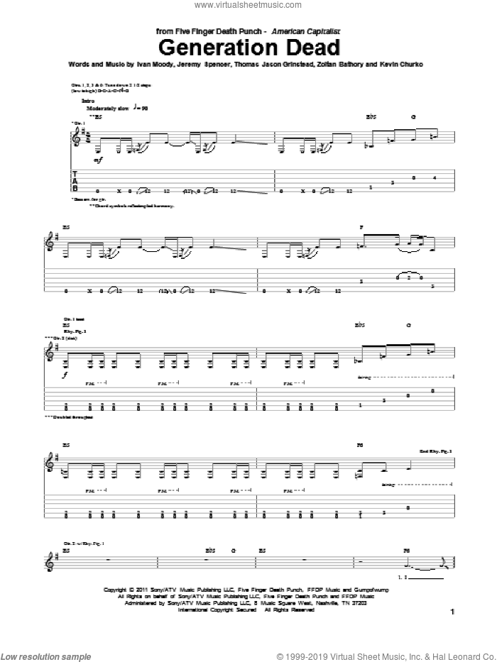Generation Dead sheet music for guitar (tablature) by Five Finger Death Punch, Ivan Moody, Jeremy Spencer, Kevin Churko, Thomas Jason Grinstead and Zoltan Bathory, intermediate skill level