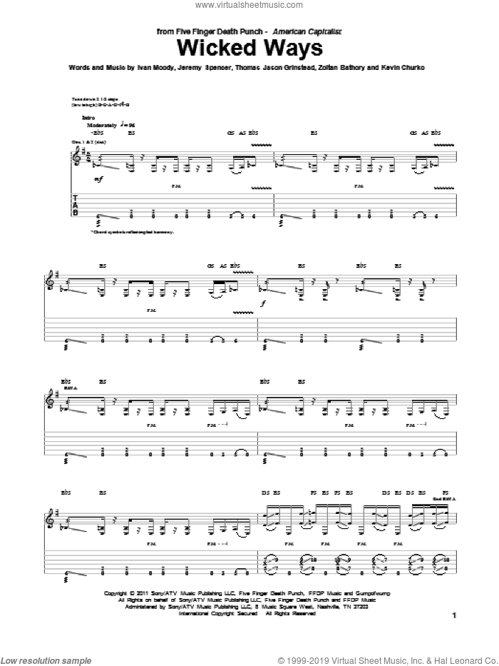 Wicked Ways sheet music for guitar (tablature) by Five Finger Death Punch, Ivan Moody, Jeremy Spencer, Kevin Churko, Thomas Jason Grinstead and Zoltan Bathory, intermediate skill level