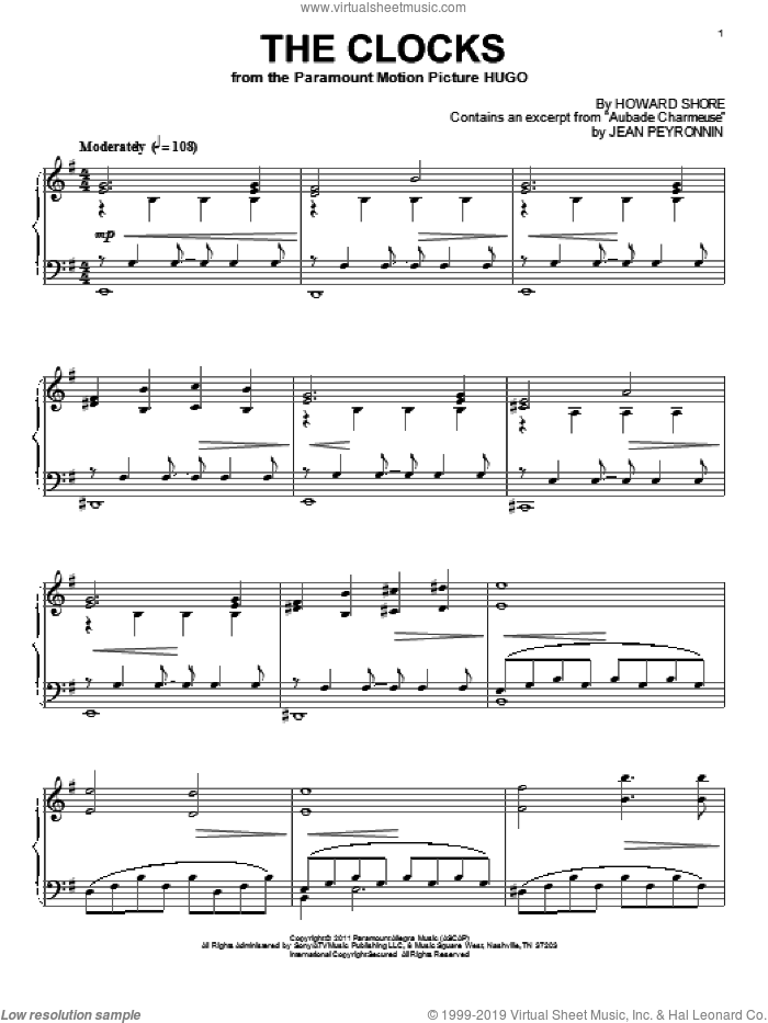 The Clocks sheet music for piano solo by Howard Shore and Hugo (movie), intermediate skill level