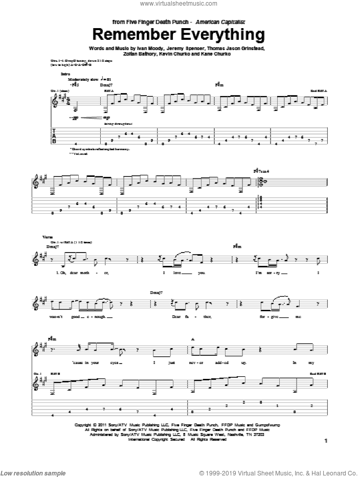 Remember Everything sheet music for guitar (tablature) by Five Finger Death Punch, Ivan Moody, Jeremy Spencer, Kane Churko, Kevin Churko, Thomas Jason Grinstead and Zoltan Bathory, intermediate skill level