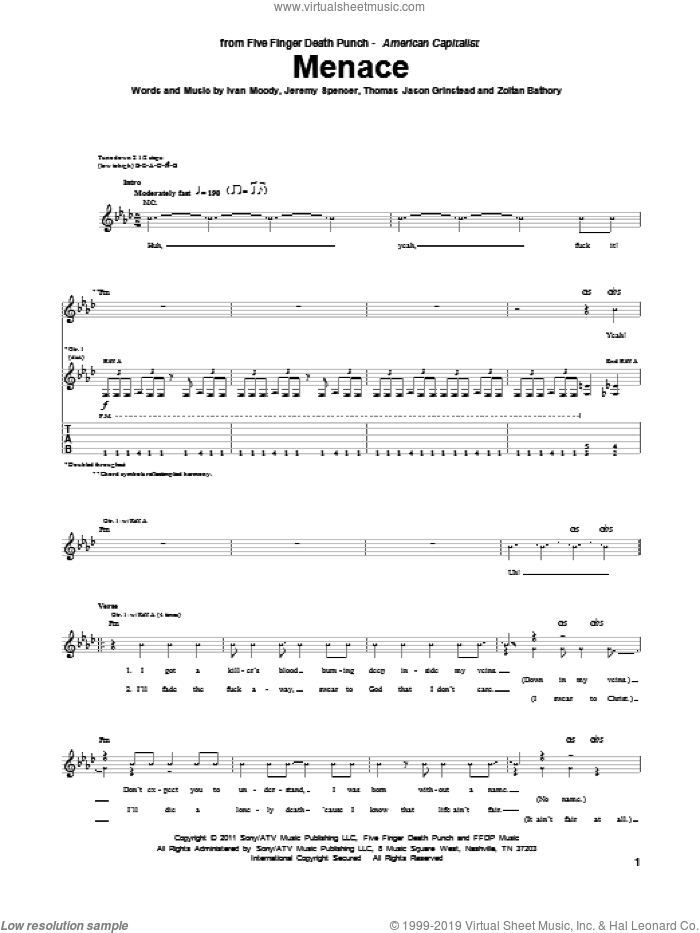 Menace sheet music for guitar (tablature) by Five Finger Death Punch, Ivan Moody, Jeremy Spencer, Thomas Jason Grinstead and Zoltan Bathory, intermediate skill level