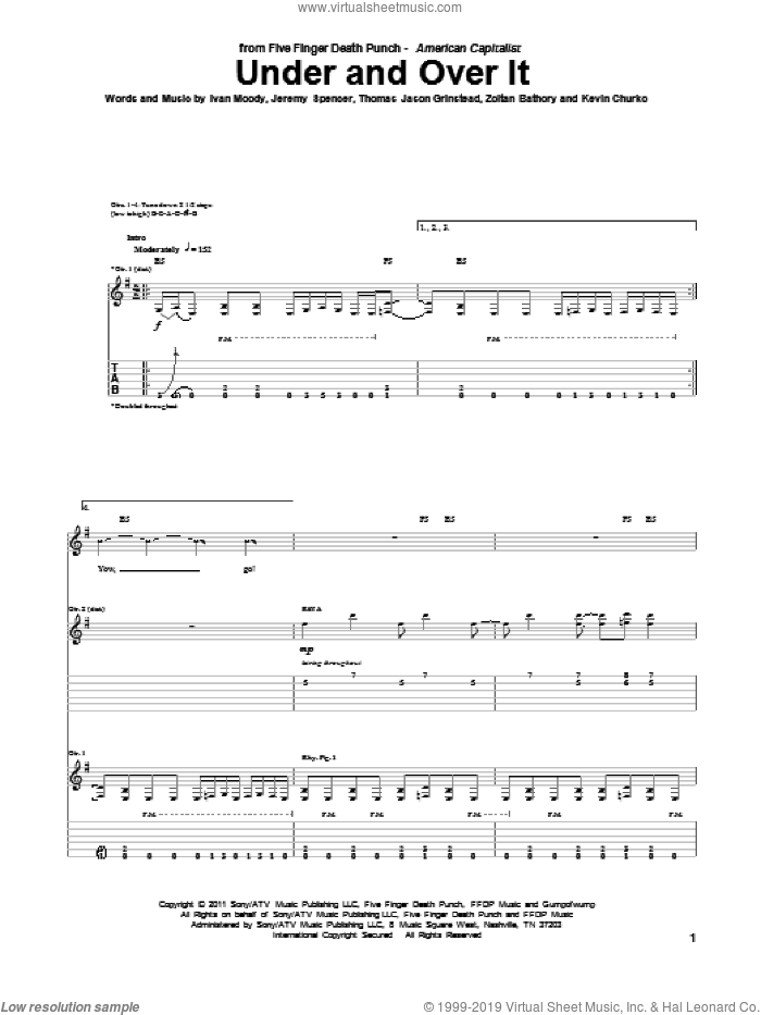 Under And Over It sheet music for guitar (tablature) by Five Finger Death Punch, Ivan Moody, Jeremy Spencer, Kevin Churko, Thomas Jason Grinstead and Zoltan Bathory, intermediate skill level
