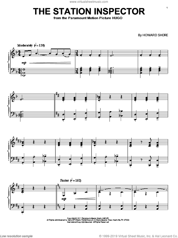 The Station Inspector sheet music for piano solo by Howard Shore and Hugo (movie), intermediate skill level