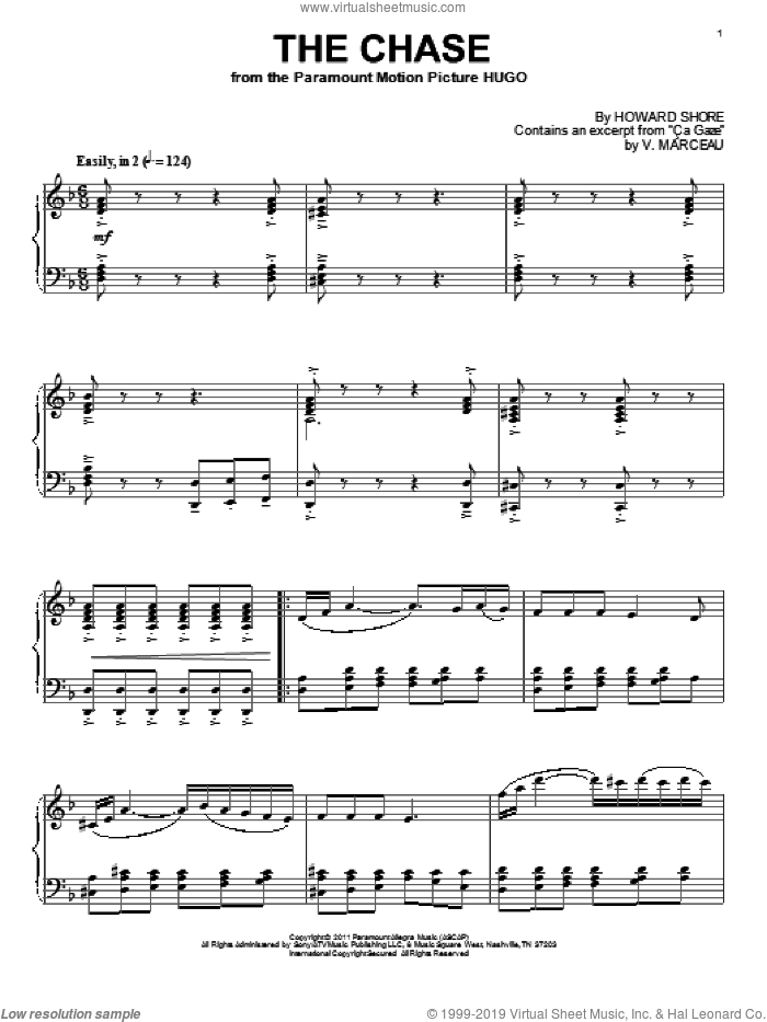 The Chase sheet music for piano solo by Howard Shore and Hugo (movie), intermediate skill level