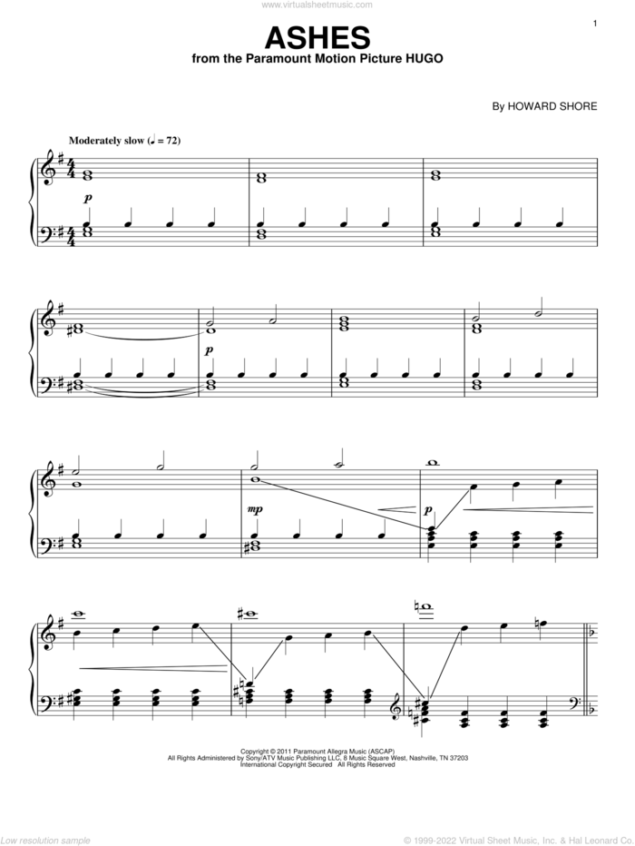 Ashes sheet music for piano solo by Howard Shore and Hugo (movie), intermediate skill level