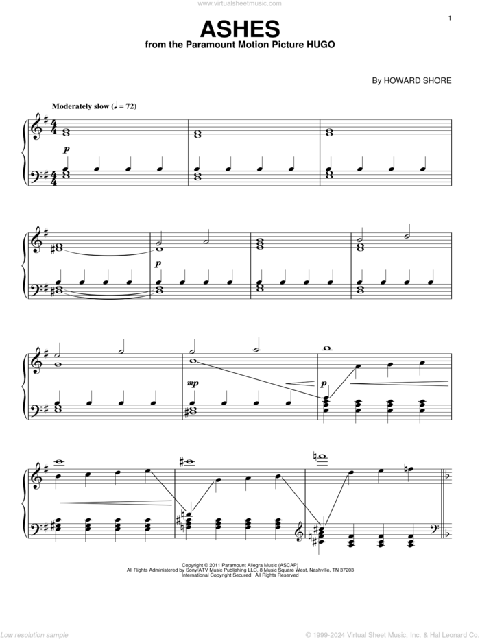 Ashes sheet music for piano solo by Howard Shore and Hugo (movie), intermediate skill level