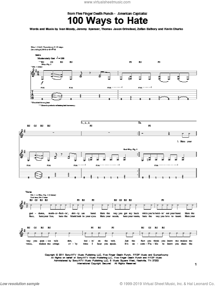 100 Ways To Hate sheet music for guitar (tablature) by Five Finger Death Punch, Ivan Moody, Jeremy Spencer, Kevin Churko, Thomas Jason Grinstead and Zoltan Bathory, intermediate skill level
