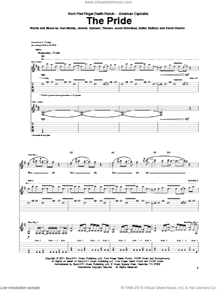 The Pride sheet music for guitar (tablature) by Five Finger Death Punch, Ivan Moody, Jeremy Spencer, Kevin Churko, Thomas Jason Grinstead and Zoltan Bathory, intermediate skill level
