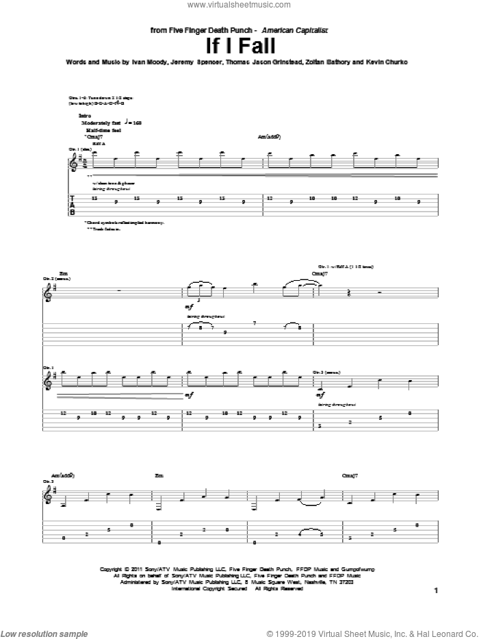 If I Fall sheet music for guitar (tablature) by Five Finger Death Punch, Ivan Moody, Jeremy Spencer, Kevin Churko, Thomas Jason Grinstead and Zoltan Bathory, intermediate skill level