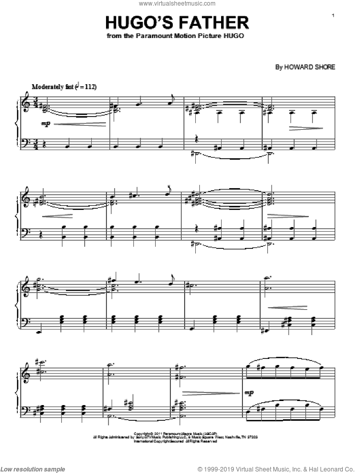 Hugo's Father sheet music for piano solo by Howard Shore and Hugo (movie), intermediate skill level