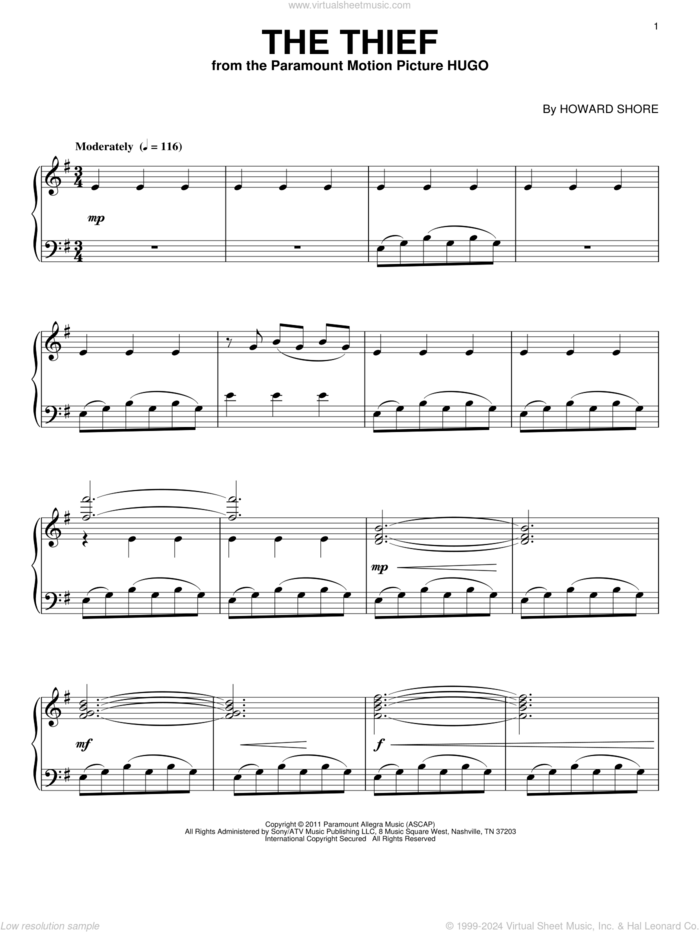 The Thief sheet music for piano solo by Howard Shore and Hugo (movie), intermediate skill level