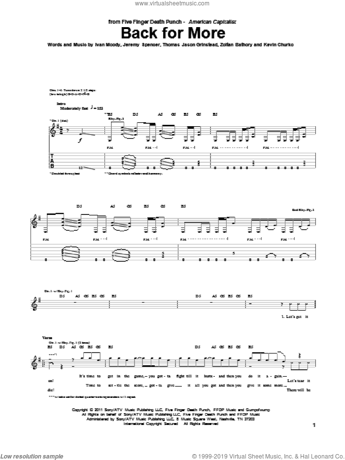Back For More sheet music for guitar (tablature) by Five Finger Death Punch, Ivan Moody, Jeremy Spencer, Kevin Churko, Thomas Jason Grinstead and Zoltan Bathory, intermediate skill level