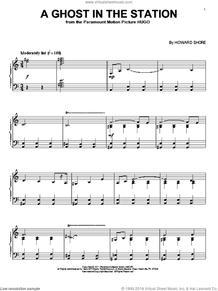 A Ghost In The Station sheet music for piano solo by Howard Shore and Hugo (movie), intermediate skill level