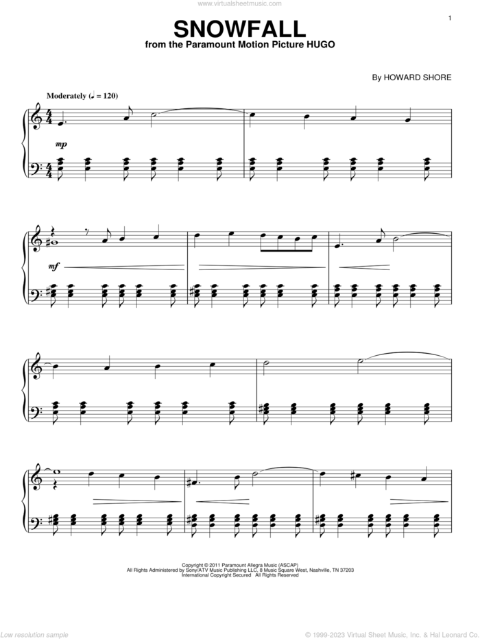 Snowfall sheet music for piano solo by Howard Shore and Hugo (movie), intermediate skill level