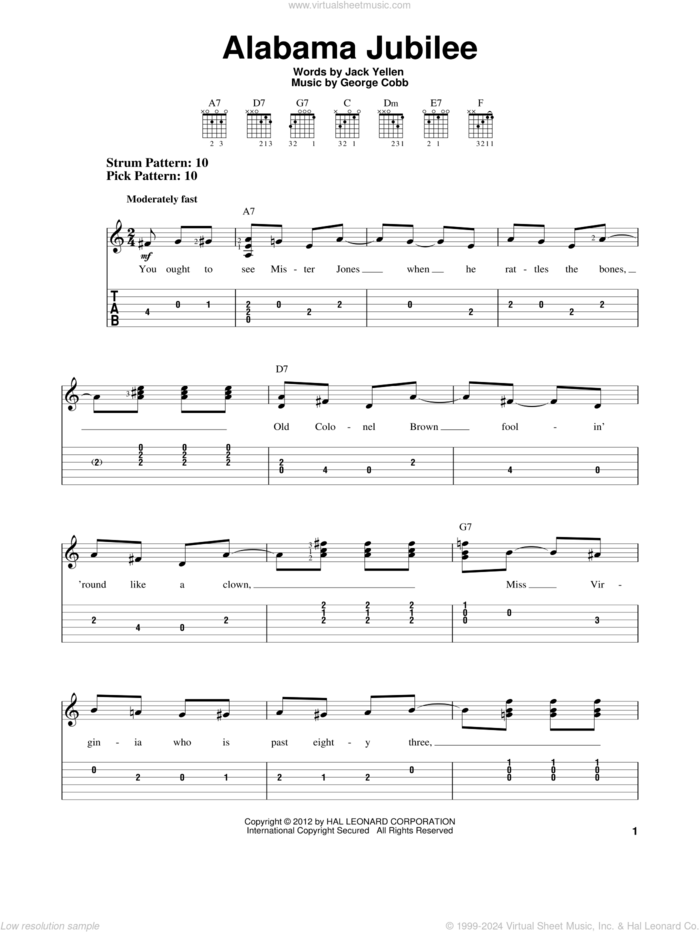 Alabama Jubilee sheet music for guitar solo (easy tablature) by Arthur Collins & Byron Harlan, Ferco String Band, George L. Cobb and Jack Yellen, easy guitar (easy tablature)