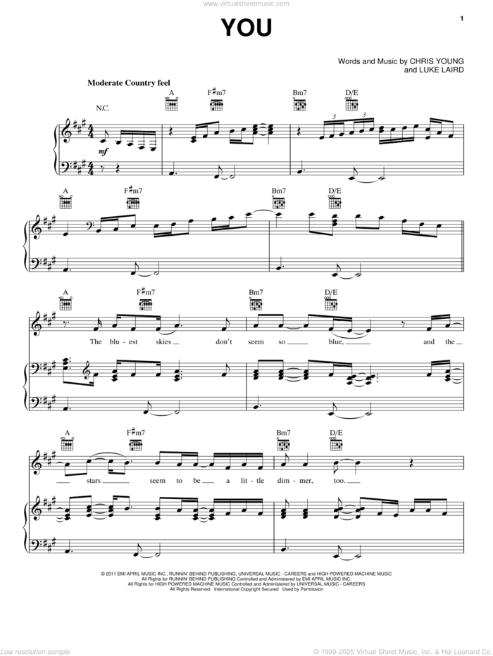 You sheet music for voice, piano or guitar by Chris Young and Luke Laird, intermediate skill level