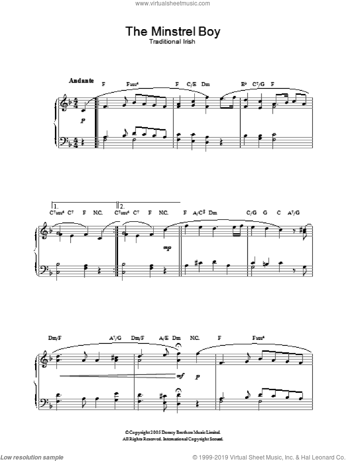 The Minstrel Boy sheet music for piano solo, intermediate skill level