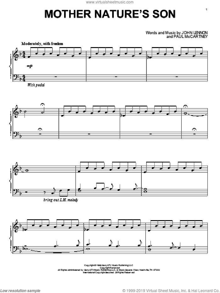 Mother Nature's Son sheet music for piano solo by David Lanz, The Beatles, John Lennon and Paul McCartney, intermediate skill level