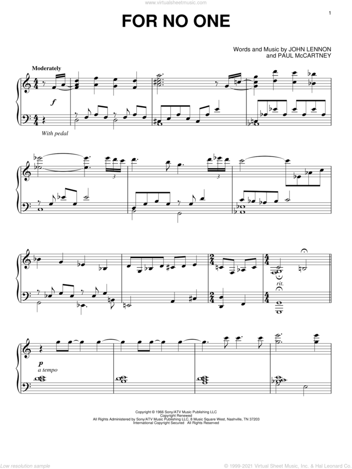 For No One sheet music for piano solo by David Lanz, The Beatles, John Lennon and Paul McCartney, intermediate skill level