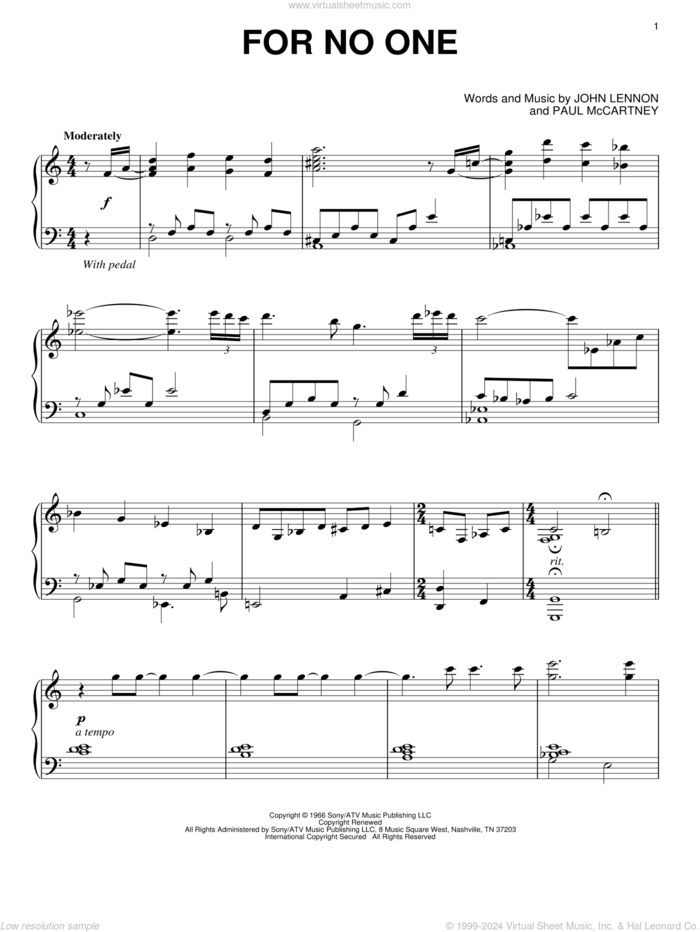 For No One sheet music for piano solo by David Lanz, The Beatles, John Lennon and Paul McCartney, intermediate skill level