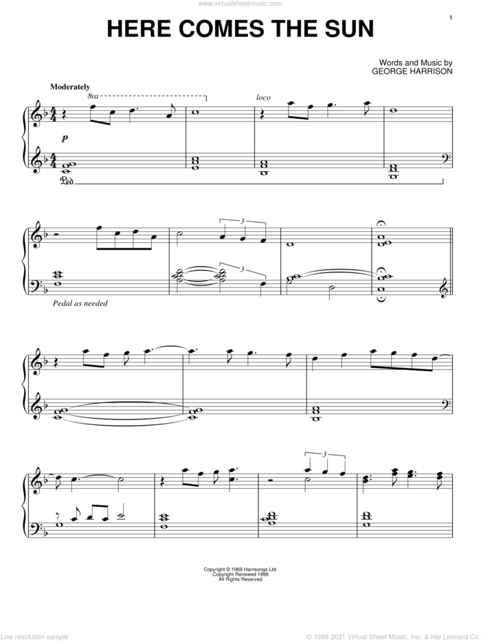 Here Comes The Sun sheet music for piano solo by David Lanz, The Beatles and George Harrison, intermediate skill level
