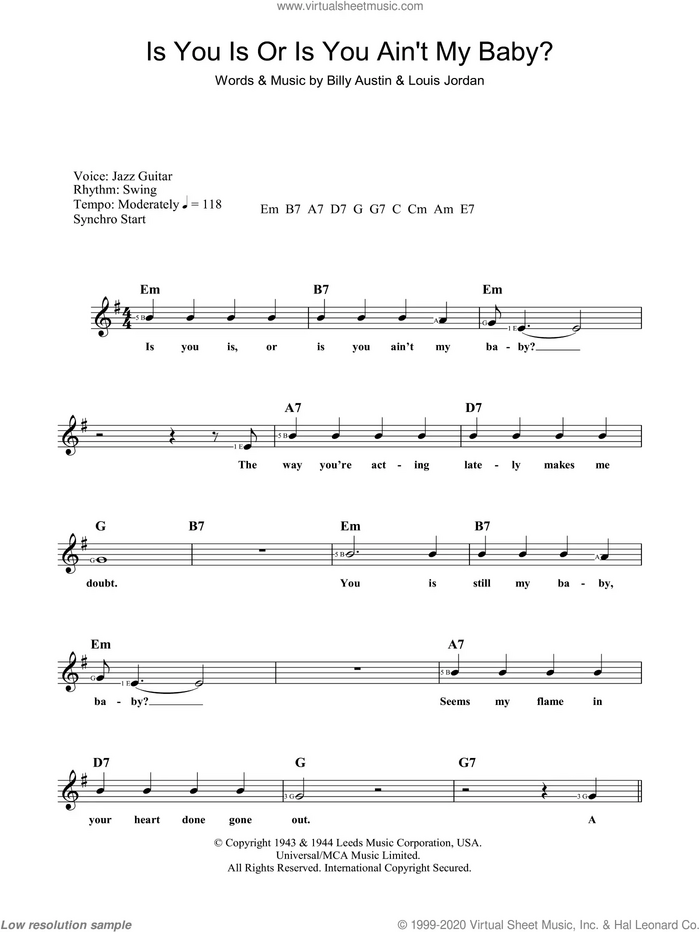 Is You Is Or Is You Ain't My Baby? sheet music for voice and other instruments (fake book) by Louis Jordan, Diana Krall, Austin,Billy and Billy Austin, intermediate skill level