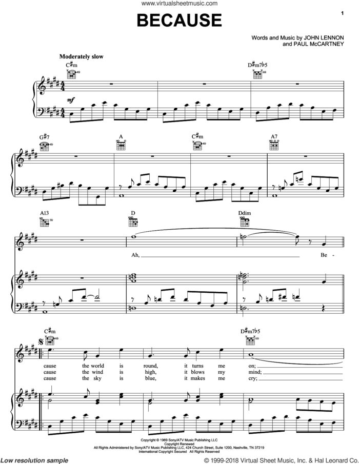 Because sheet music for voice, piano or guitar by The Beatles, Across The Universe (Movie), John Lennon and Paul McCartney, wedding score, intermediate skill level