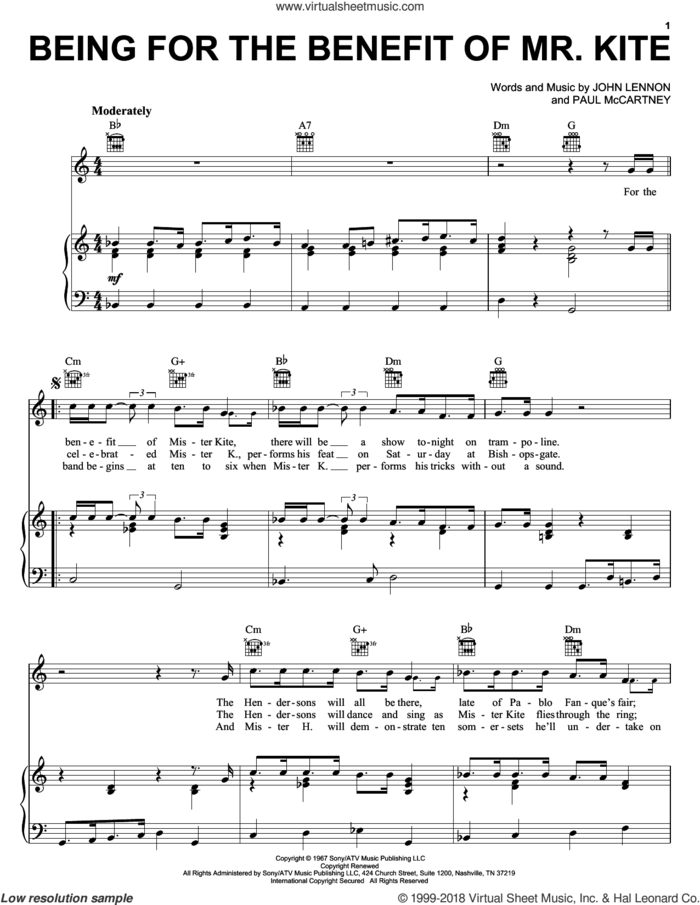 Being For The Benefit Of Mr. Kite sheet music for voice, piano or guitar by The Beatles, Across The Universe (Movie), John Lennon and Paul McCartney, intermediate skill level
