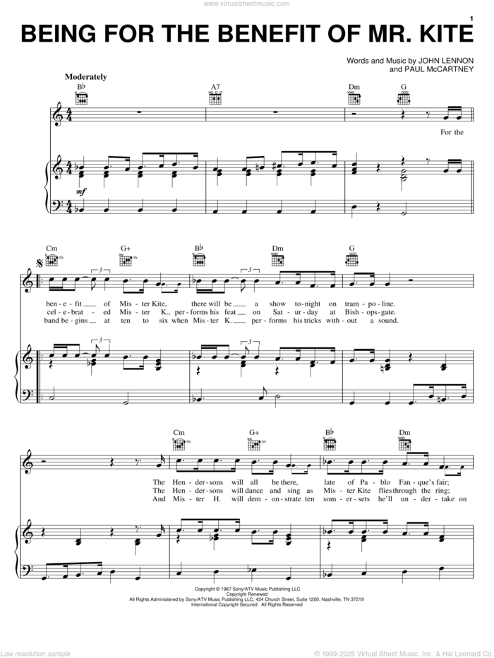 Being For The Benefit Of Mr. Kite sheet music for voice, piano or guitar by The Beatles, Across The Universe (Movie), John Lennon and Paul McCartney, intermediate skill level