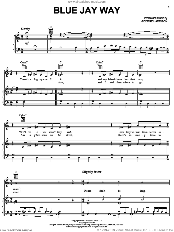 Blue Jay Way sheet music for voice, piano or guitar by The Beatles, Across The Universe (Movie) and George Harrison, intermediate skill level