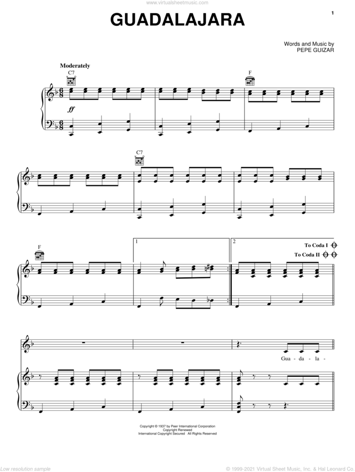 Guadalajara sheet music for voice, piano or guitar by Pepe Guizar, intermediate skill level