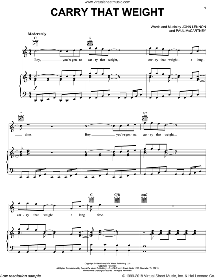 Carry That Weight sheet music for voice, piano or guitar by The Beatles, John Lennon and Paul McCartney, intermediate skill level
