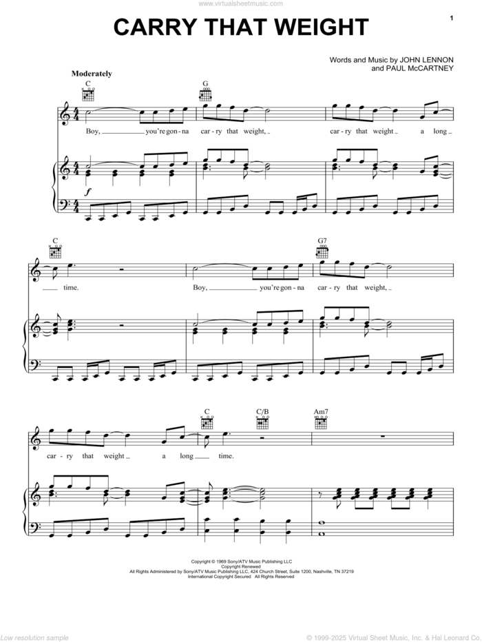 Carry That Weight sheet music for voice, piano or guitar by The Beatles, John Lennon and Paul McCartney, intermediate skill level