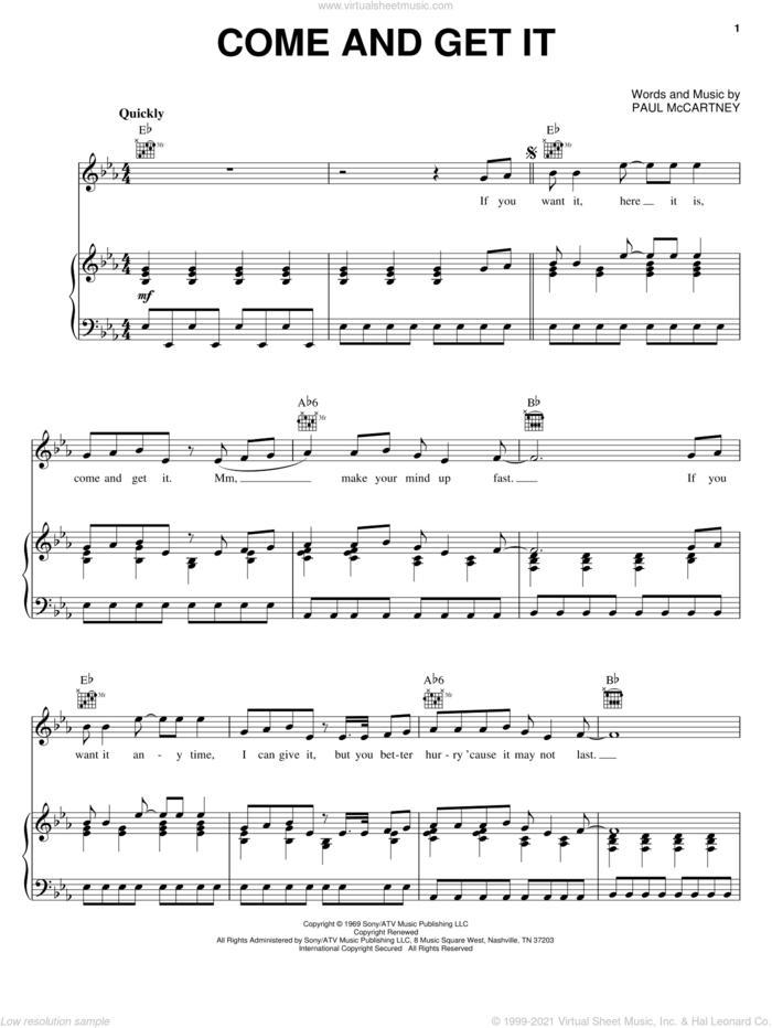 Come And Get It sheet music for voice, piano or guitar by Badfinger and Paul McCartney, intermediate skill level