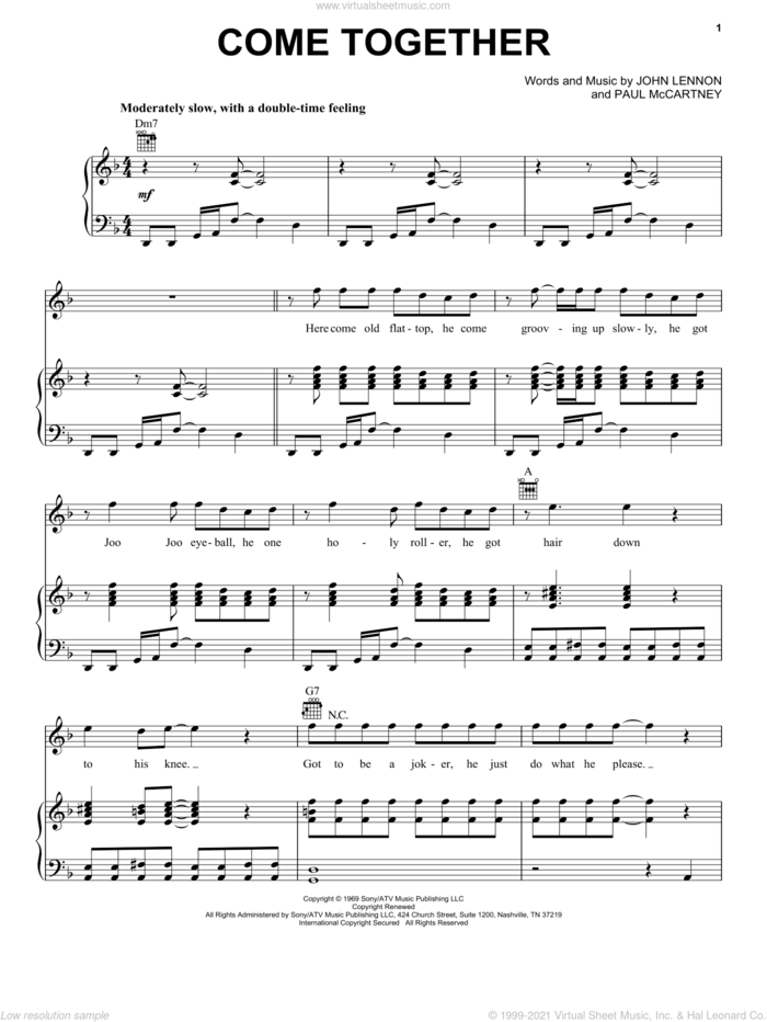 Come Together sheet music for voice, piano or guitar by The Beatles, Across The Universe (Movie), John Lennon and Paul McCartney, intermediate skill level