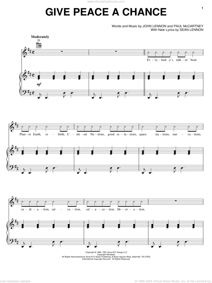 Give Peace A Chance sheet music for voice, piano or guitar by The Peace Choir, Plastic Ono Band, Yoko Ono, John Lennon, Paul McCartney and Sean Lennon, intermediate skill level