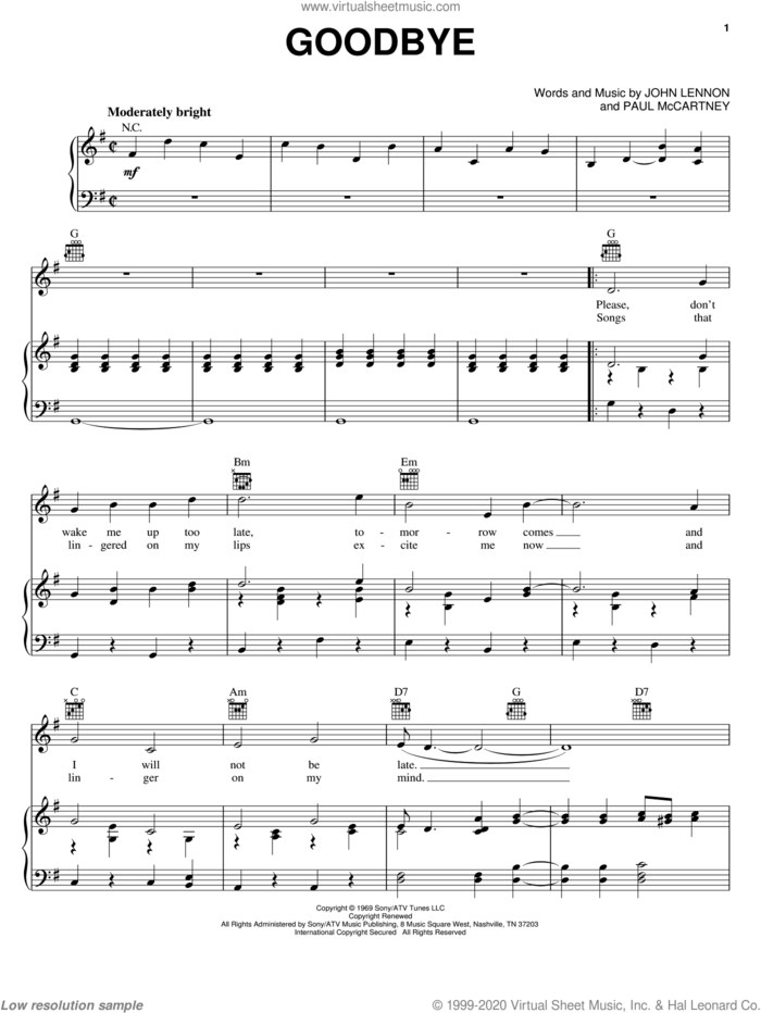 Goodbye sheet music for voice, piano or guitar by The Beatles and Paul McCartney, intermediate skill level
