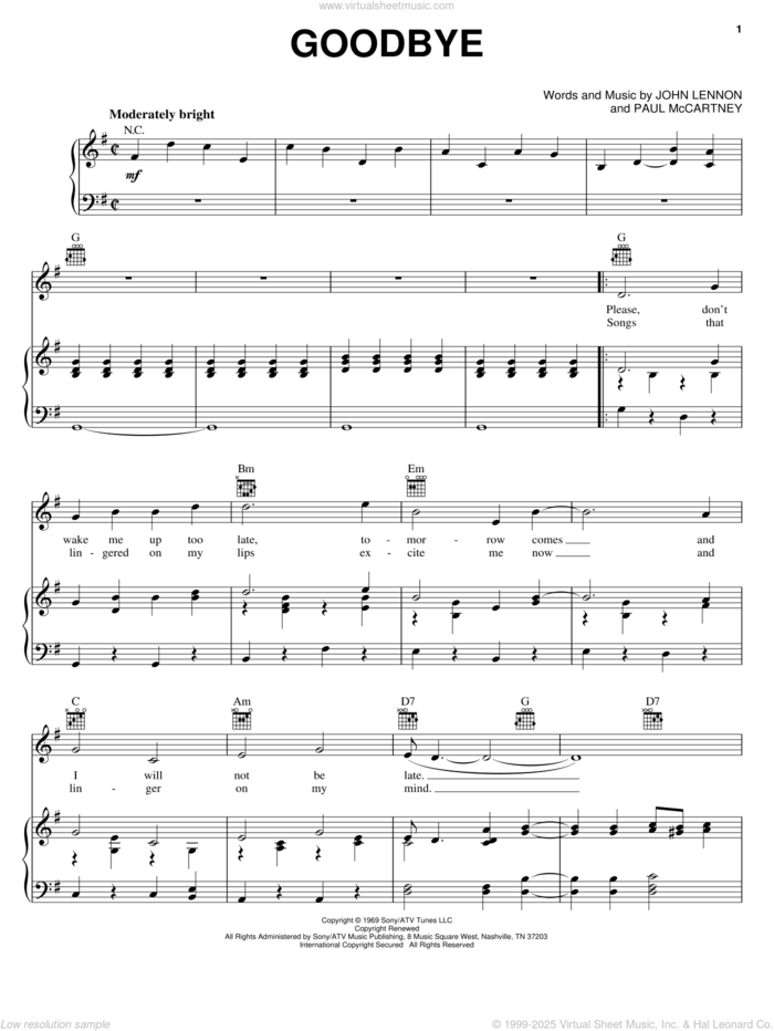 Goodbye sheet music for voice, piano or guitar by The Beatles and Paul McCartney, intermediate skill level