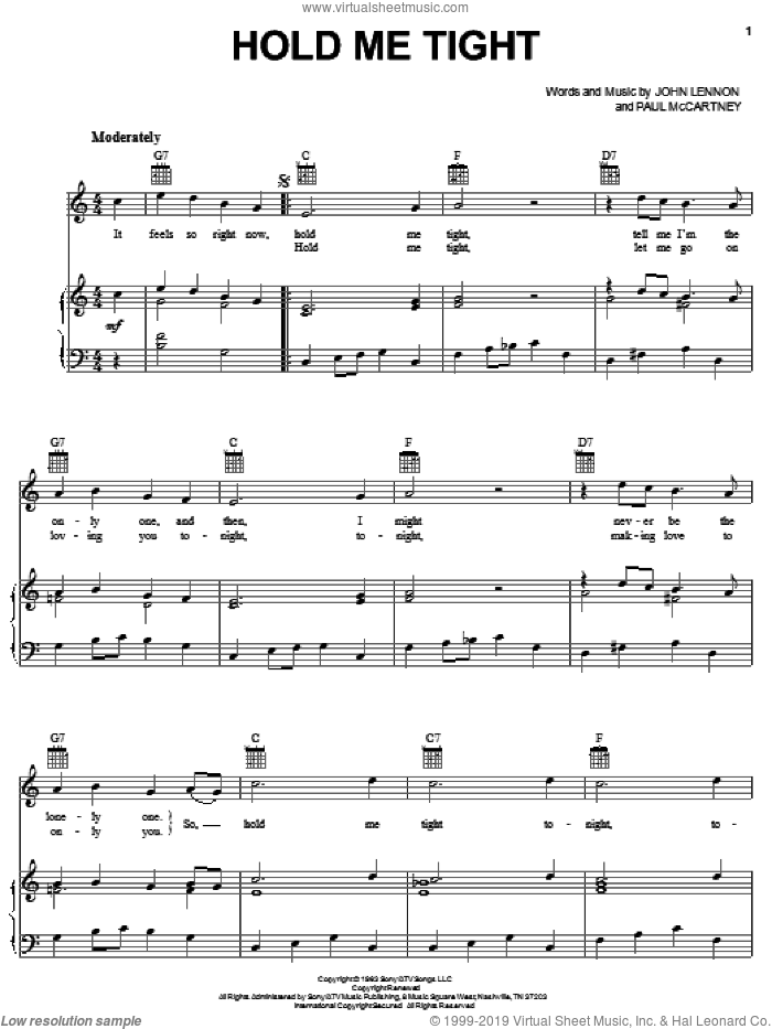 Hold Me Tight sheet music for voice, piano or guitar by The Beatles, Across The Universe (Movie), John Lennon and Paul McCartney, intermediate skill level