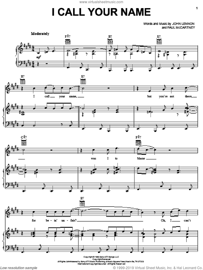 I Call Your Name sheet music for voice, piano or guitar by The Beatles, John Lennon and Paul McCartney, intermediate skill level