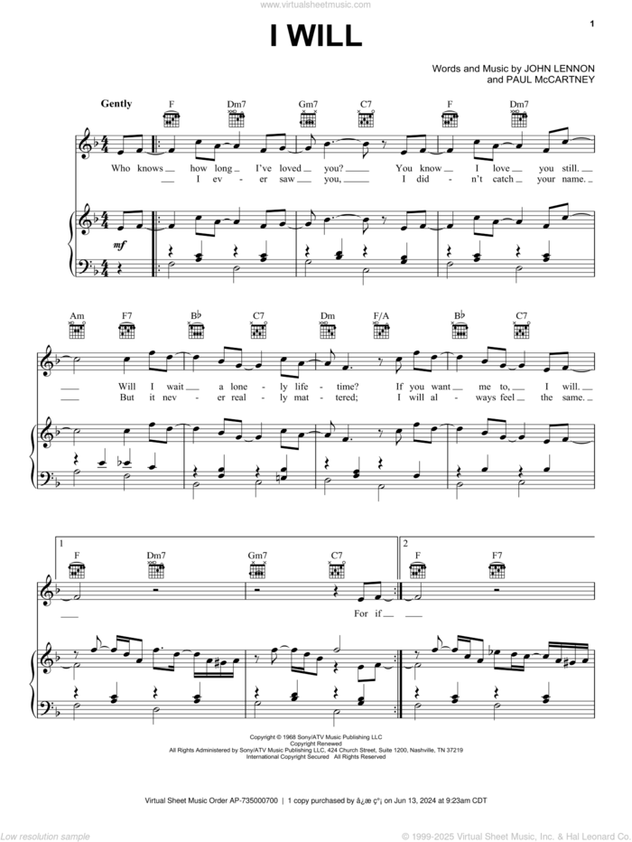 I Will sheet music for voice, piano or guitar by The Beatles, John Lennon and Paul McCartney, wedding score, intermediate skill level