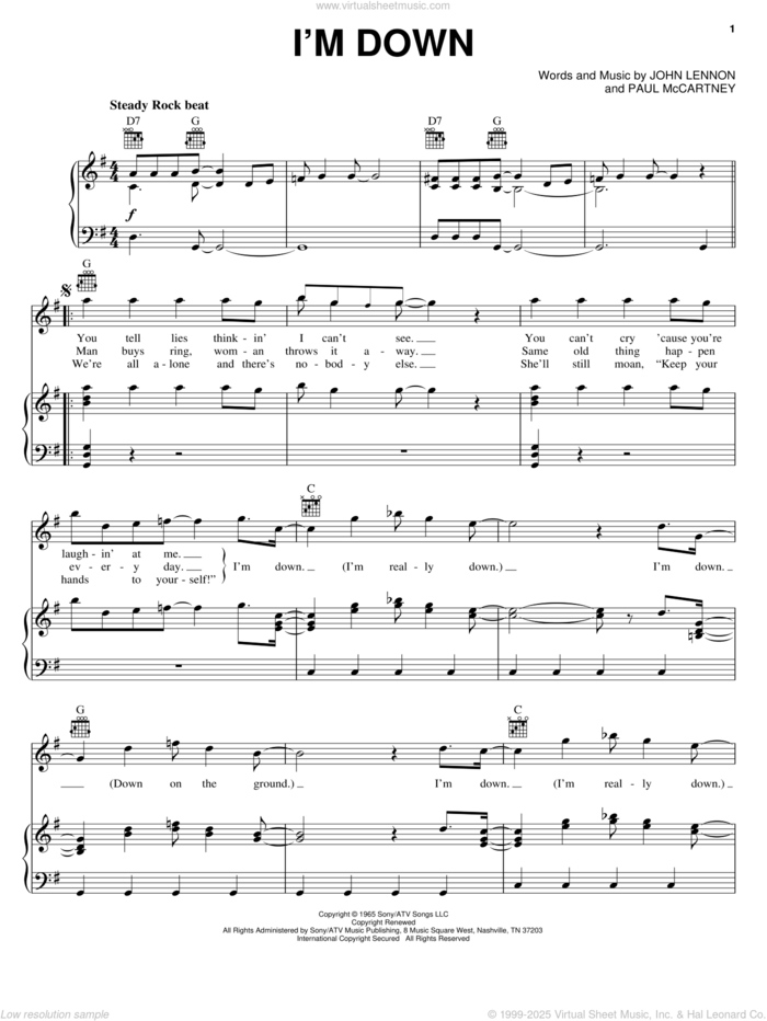 I'm Down sheet music for voice, piano or guitar by The Beatles, John Lennon and Paul McCartney, intermediate skill level