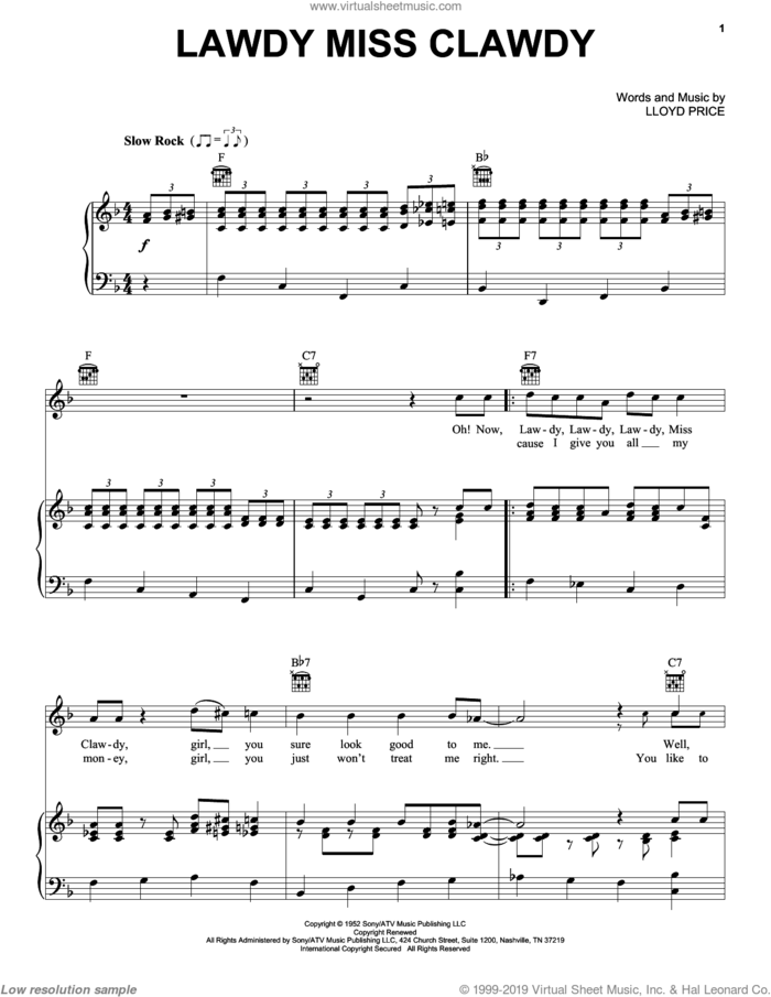 Lawdy Miss Clawdy sheet music for voice, piano or guitar by Elvis Presley, Mickey Gilley and Lloyd Price, intermediate skill level