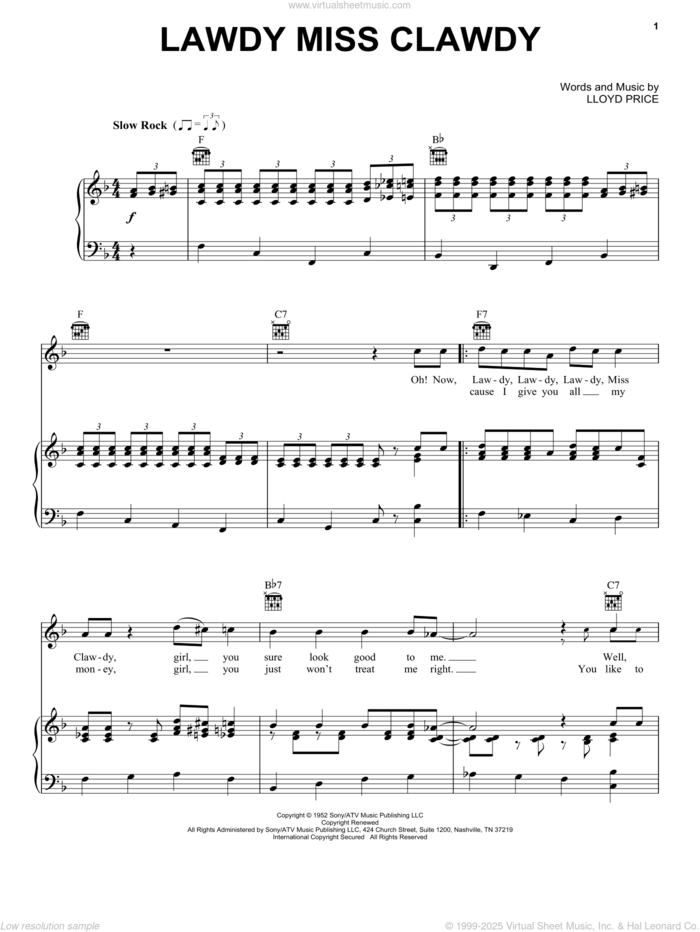 Lawdy Miss Clawdy sheet music for voice, piano or guitar by Elvis Presley, Mickey Gilley and Lloyd Price, intermediate skill level