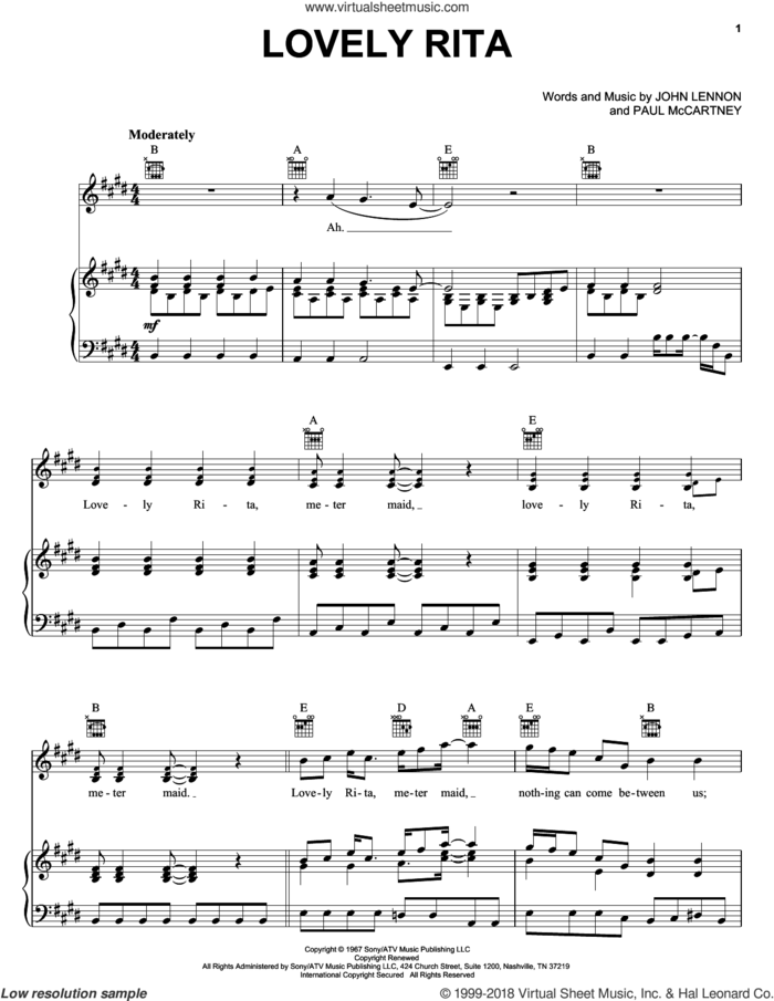 Lovely Rita sheet music for voice, piano or guitar by The Beatles, John Lennon and Paul McCartney, intermediate skill level