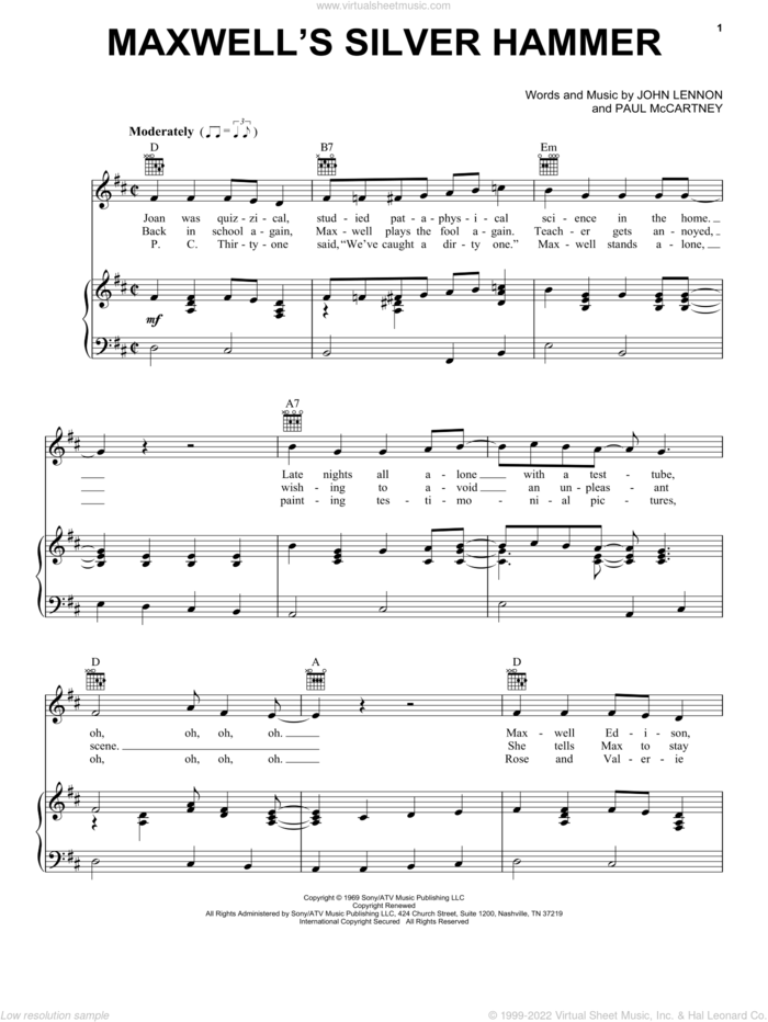 Maxwell's Silver Hammer sheet music for voice, piano or guitar by The Beatles, John Lennon and Paul McCartney, intermediate skill level