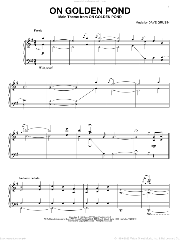 On Golden Pond sheet music for piano solo by Dave Grusin, intermediate skill level