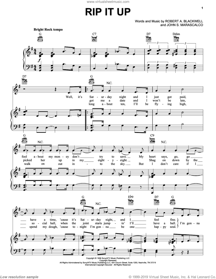 Rip It Up sheet music for voice, piano or guitar by Little Richard, John S. Marascalco and Robert Blackwell, intermediate skill level