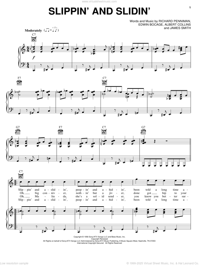 Slippin' And Slidin' sheet music for voice, piano or guitar by Little Richard, Albert Collins, Edwin Bocage, James Smith and Richard Penniman, intermediate skill level