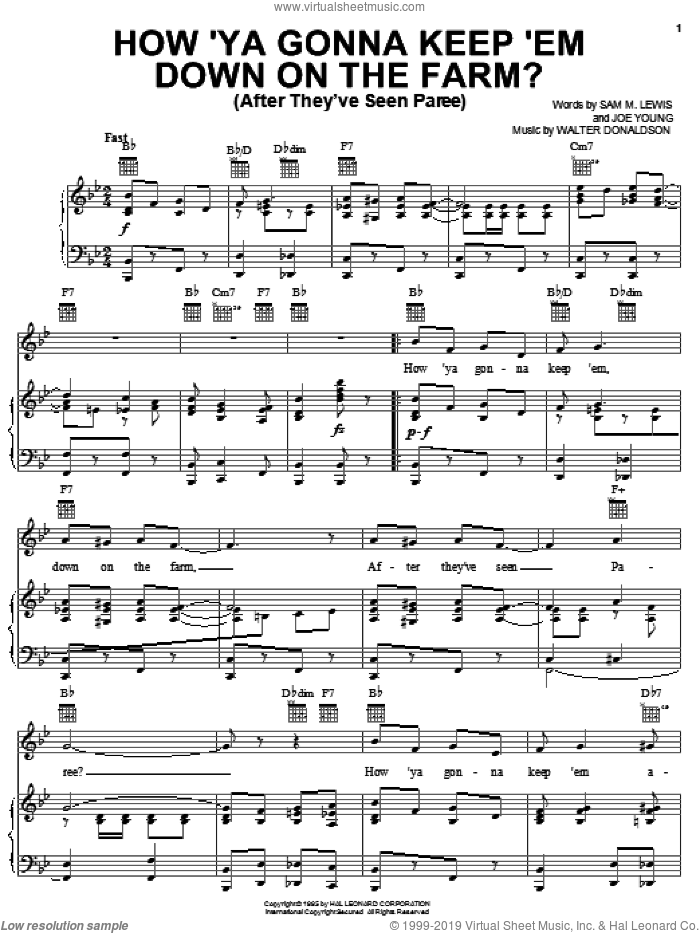 How 'Ya Gonna Keep 'em Down On The Farm? (After They've Seen Paree) sheet music for voice, piano or guitar by Nora Bayes, Joe Young, Sam Lewis and Walter Donaldson, intermediate skill level
